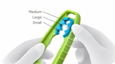 Gloved hands holding Yewtwist with the small, medium and large jaws labelled