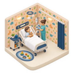 Illustration of a nurse caring for a child in a hospital bed
