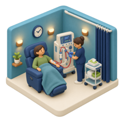 Illustration of a nurse with a patient in a dialysis chair