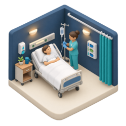 Illustration of a nurse at a patient's bedside on a hospital ward