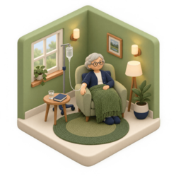Illustration of a patient resting in an armchair at home