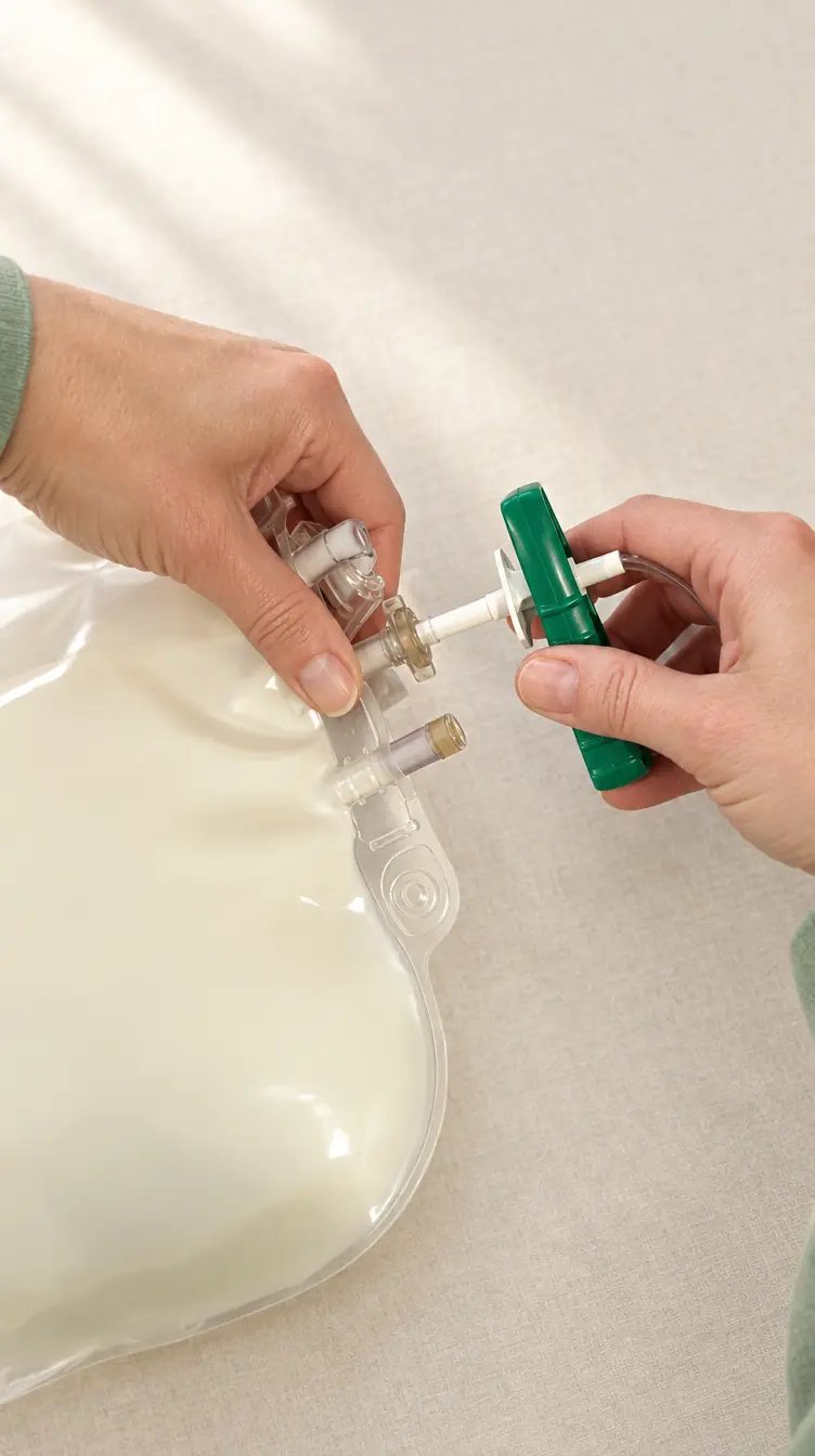 Hands spiking a nutrition bag while a green Yewtwist grips the bag port